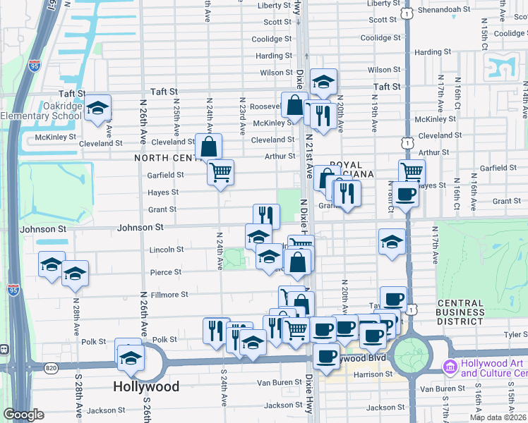 map of restaurants, bars, coffee shops, grocery stores, and more near 2237 Johnson Street in Hollywood