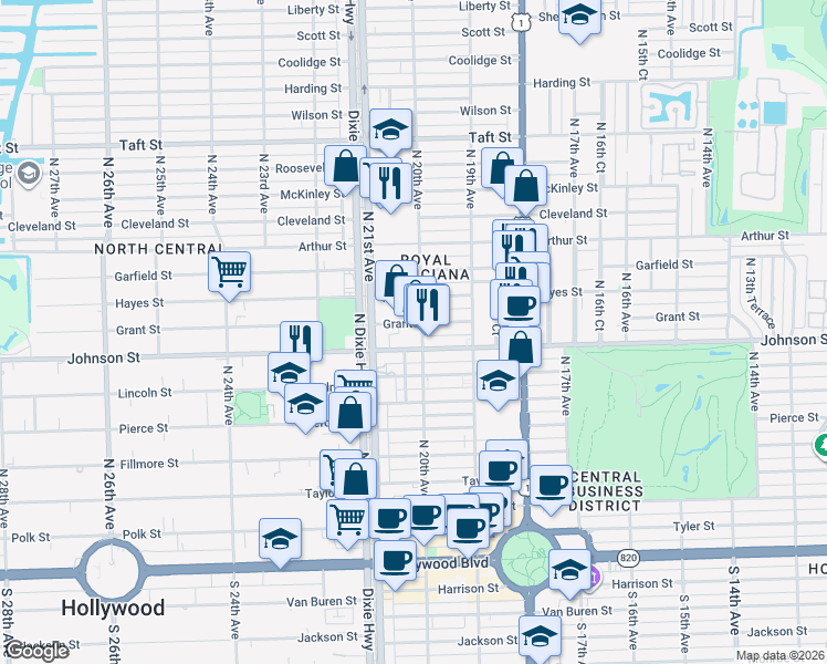 map of restaurants, bars, coffee shops, grocery stores, and more near 2017 Johnson Street in Hollywood