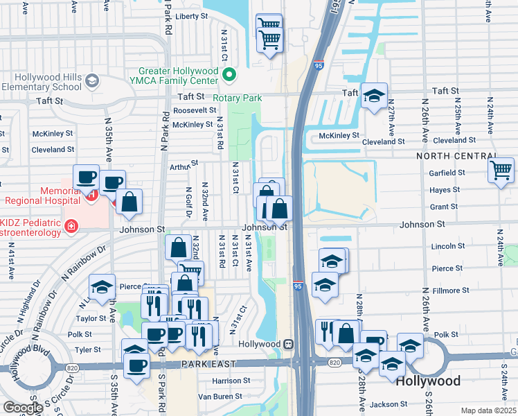 map of restaurants, bars, coffee shops, grocery stores, and more near 3039 Johnson Street in Hollywood
