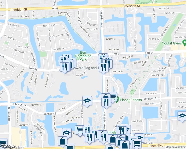 map of restaurants, bars, coffee shops, grocery stores, and more near 1451 Trellis Lane in Pembroke Pines