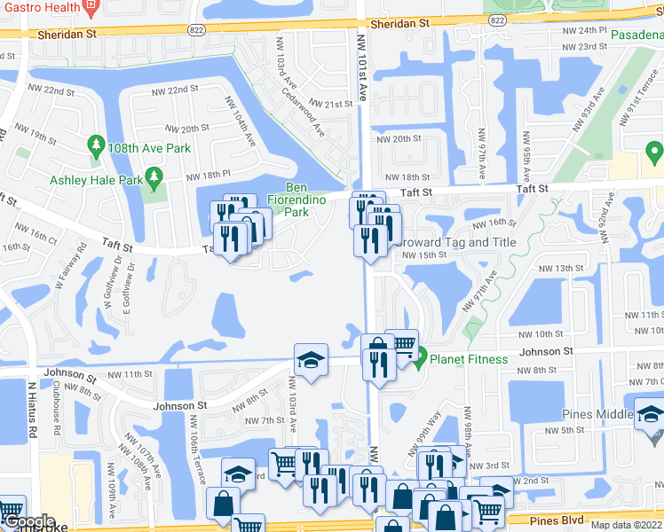 map of restaurants, bars, coffee shops, grocery stores, and more near 1400 Saint Charles Place in Pembroke Pines