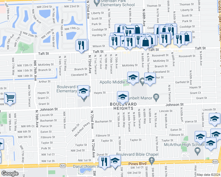 map of restaurants, bars, coffee shops, grocery stores, and more near 1120 Northwest 70th Terrace in Hollywood
