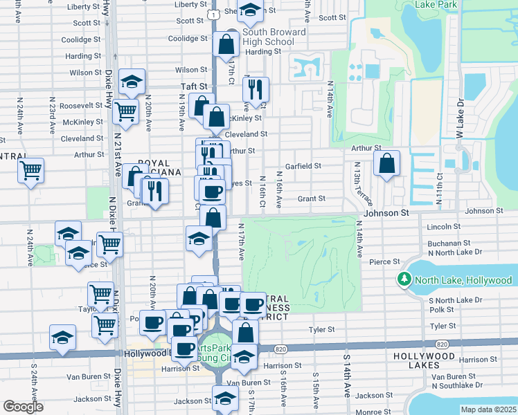 map of restaurants, bars, coffee shops, grocery stores, and more near 1631 Johnson Street in Hollywood