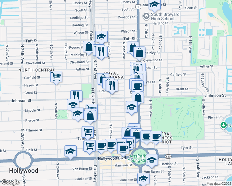 map of restaurants, bars, coffee shops, grocery stores, and more near 1941 Johnson Street in Hollywood