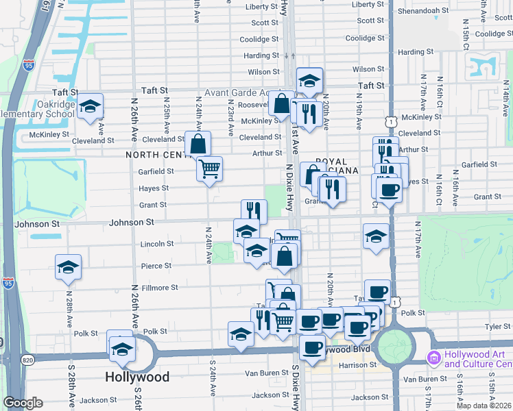 map of restaurants, bars, coffee shops, grocery stores, and more near in Hollywood