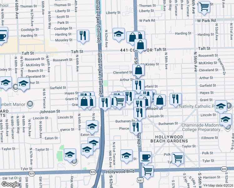 map of restaurants, bars, coffee shops, grocery stores, and more near 6132 Call Street in Hollywood