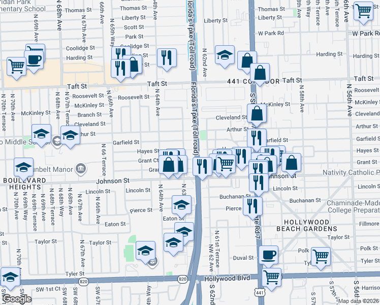 map of restaurants, bars, coffee shops, grocery stores, and more near 1019 North 63rd Avenue in Hollywood