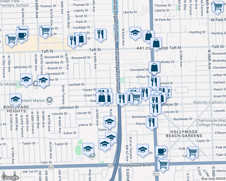 map of restaurants, bars, coffee shops, grocery stores, and more near 1019 North 63rd Avenue in Hollywood
