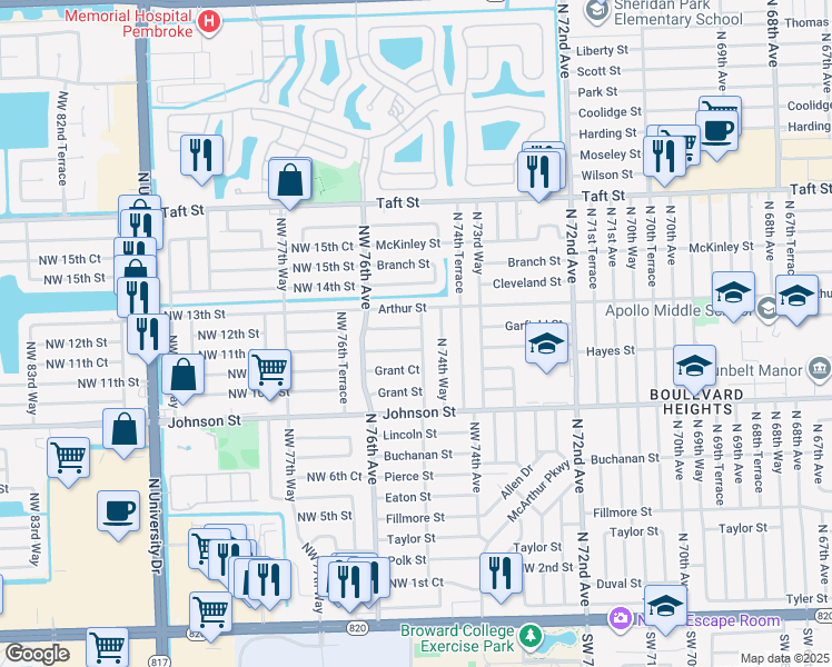 map of restaurants, bars, coffee shops, grocery stores, and more near 1121 North 75th Avenue in Hollywood