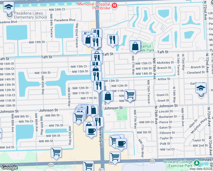 map of restaurants, bars, coffee shops, grocery stores, and more near 1150 Northwest 79th Terrace in Pembroke Pines