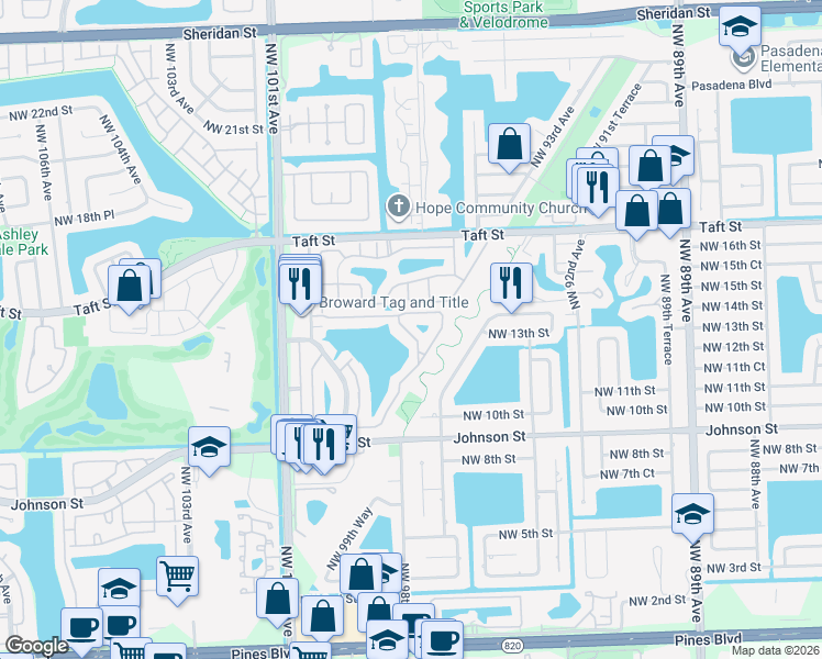 map of restaurants, bars, coffee shops, grocery stores, and more near 283 Northwest 97th Terrace in Pembroke Pines