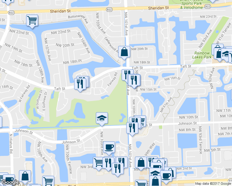 map of restaurants, bars, coffee shops, grocery stores, and more near 1451 Trellis Lane in Pembroke Pines
