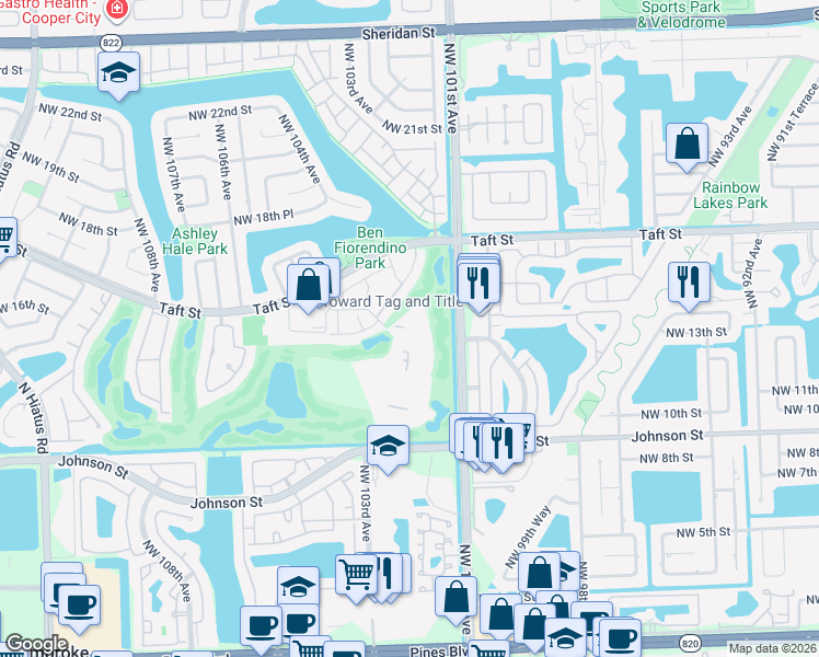 map of restaurants, bars, coffee shops, grocery stores, and more near 1451 Trellis Lane in Pembroke Pines