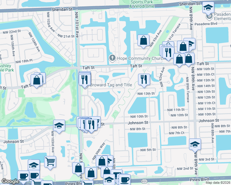 map of restaurants, bars, coffee shops, grocery stores, and more near 283 Northwest 97th Terrace in Pembroke Pines