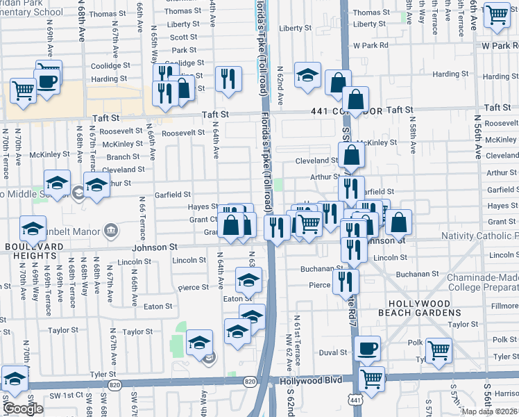 map of restaurants, bars, coffee shops, grocery stores, and more near 1019 North 63rd Avenue in Hollywood