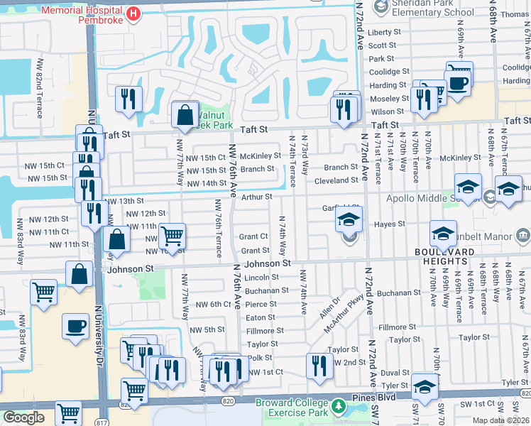 map of restaurants, bars, coffee shops, grocery stores, and more near 1121 North 75th Avenue in Hollywood