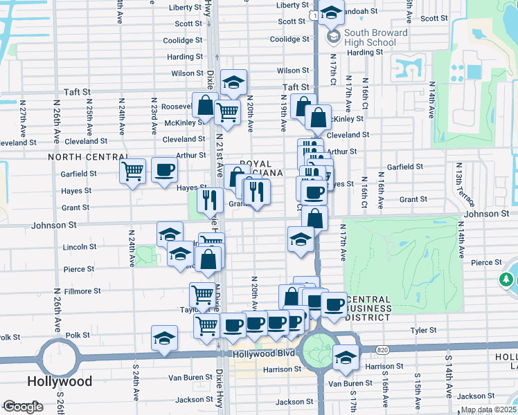 map of restaurants, bars, coffee shops, grocery stores, and more near 1941 Johnson Street in Hollywood