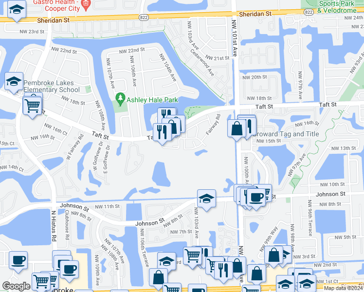 map of restaurants, bars, coffee shops, grocery stores, and more near 1410 Laguna Lane in Pembroke Pines