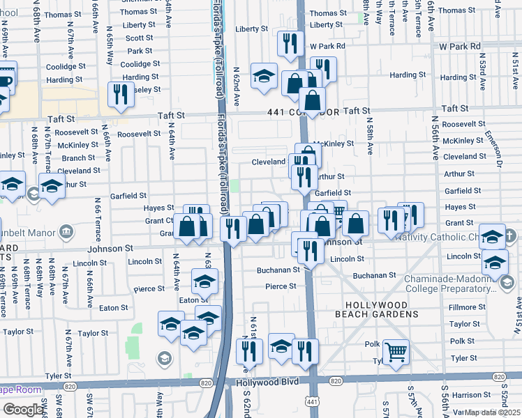 map of restaurants, bars, coffee shops, grocery stores, and more near 6132 Call Street in Hollywood