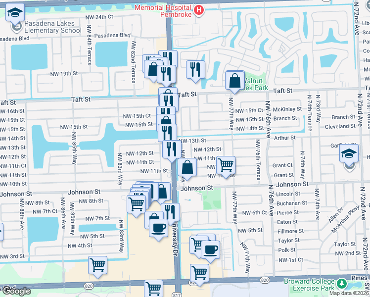 map of restaurants, bars, coffee shops, grocery stores, and more near 1150 Northwest 79th Terrace in Pembroke Pines