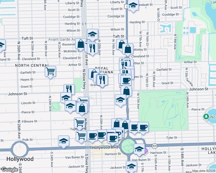 map of restaurants, bars, coffee shops, grocery stores, and more near 1941 Johnson Street in Hollywood