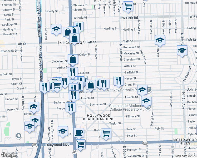 map of restaurants, bars, coffee shops, grocery stores, and more near 1006 North 58th Avenue in Hollywood