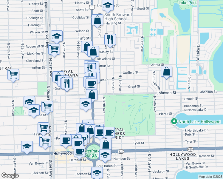 map of restaurants, bars, coffee shops, grocery stores, and more near 1631 Johnson Street in Hollywood