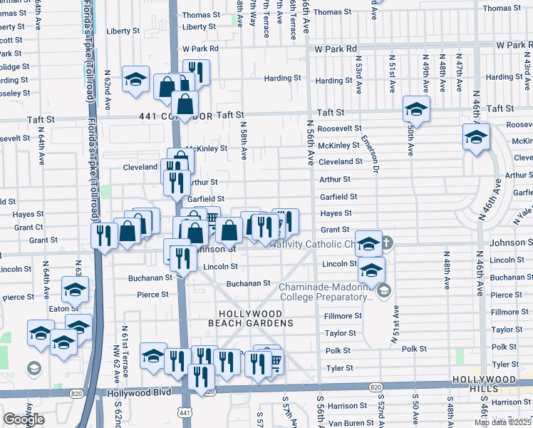 map of restaurants, bars, coffee shops, grocery stores, and more near 5701 Grant Street in Hollywood
