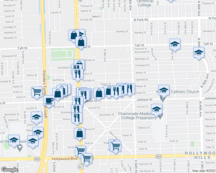map of restaurants, bars, coffee shops, grocery stores, and more near 1006 North 58th Avenue in Hollywood