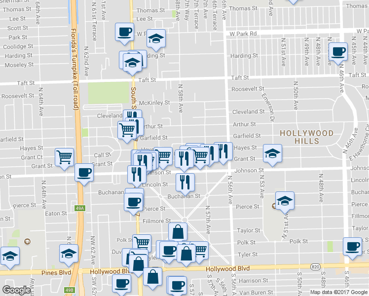 map of restaurants, bars, coffee shops, grocery stores, and more near 1006 North 58th Avenue in Hollywood