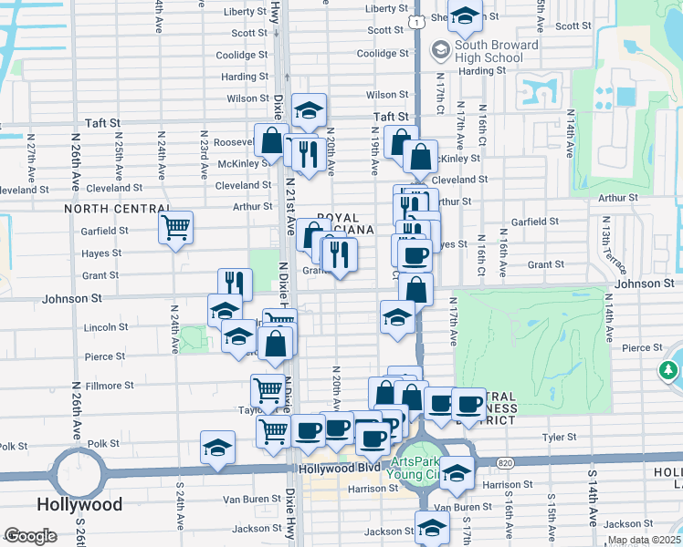 map of restaurants, bars, coffee shops, grocery stores, and more near 1941 Johnson Street in Hollywood