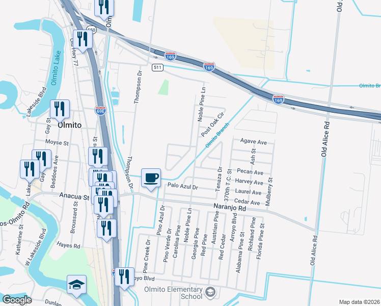 map of restaurants, bars, coffee shops, grocery stores, and more near 7428 Burr Oak Loop in Brownsville