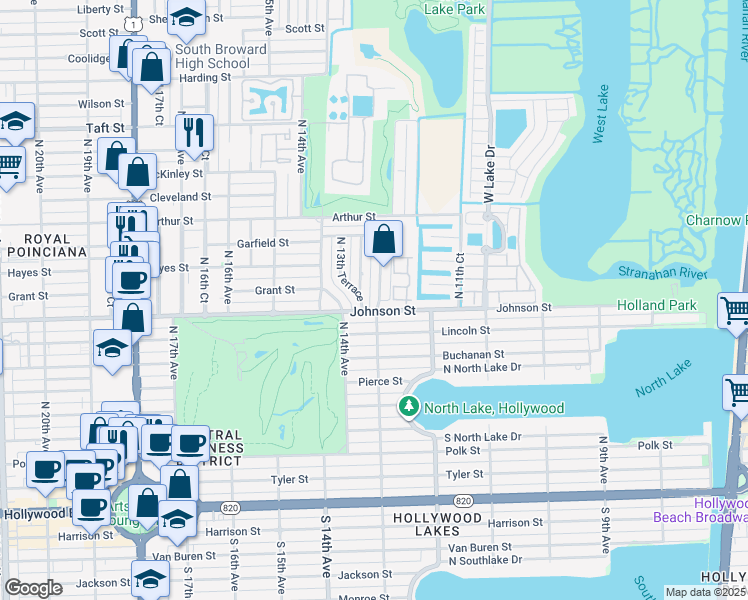 map of restaurants, bars, coffee shops, grocery stores, and more near 820 North 13th Avenue in Hollywood