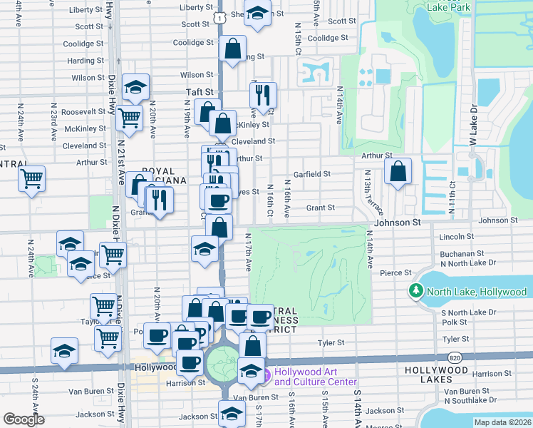 map of restaurants, bars, coffee shops, grocery stores, and more near 1631 Johnson Street in Hollywood