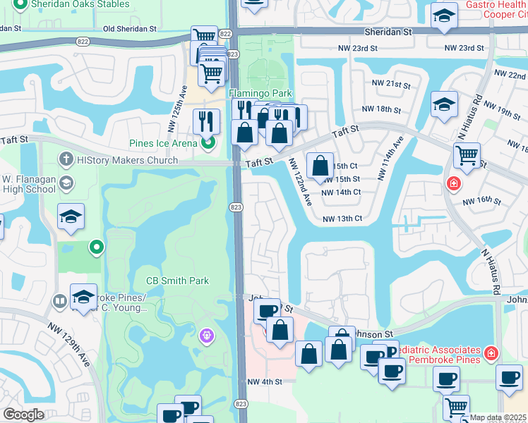 map of restaurants, bars, coffee shops, grocery stores, and more near 12286 Northwest 13th Court in Pembroke Pines