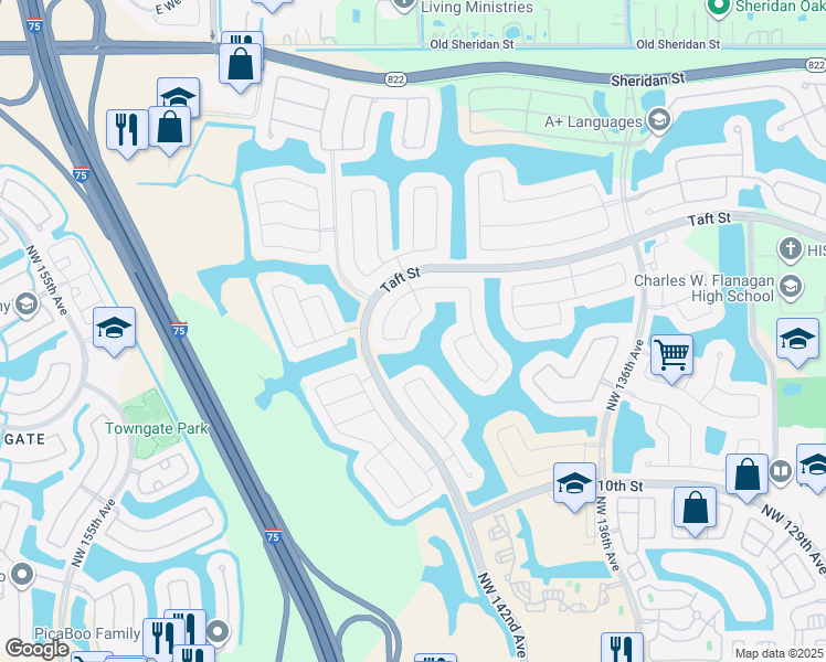 map of restaurants, bars, coffee shops, grocery stores, and more near 1500 Northwest 140th Manor in Pembroke Pines