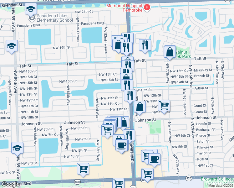 map of restaurants, bars, coffee shops, grocery stores, and more near 8110 Northwest 12th Street in Pembroke Pines