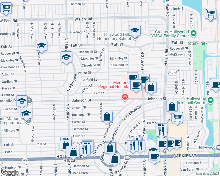map of restaurants, bars, coffee shops, grocery stores, and more near 4000 Grant Street in Hollywood
