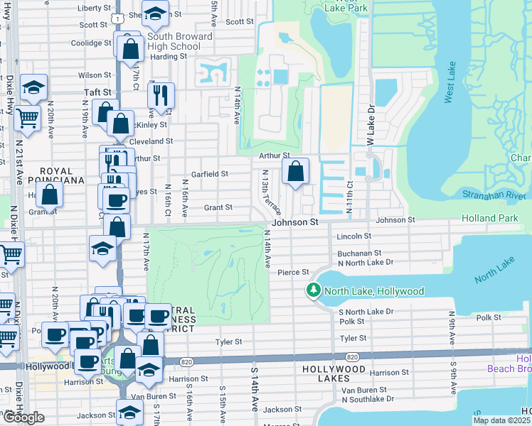 map of restaurants, bars, coffee shops, grocery stores, and more near 1341 Johnson Street in Hollywood