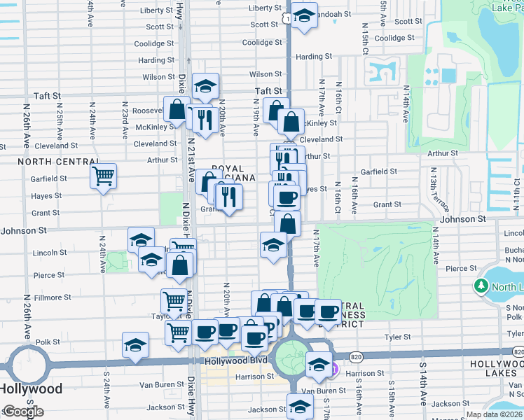 map of restaurants, bars, coffee shops, grocery stores, and more near 1855 Johnson Street in Hollywood