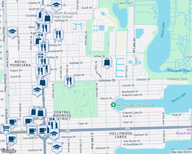 map of restaurants, bars, coffee shops, grocery stores, and more near 1341 Johnson Street in Hollywood