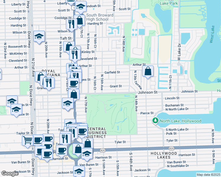 map of restaurants, bars, coffee shops, grocery stores, and more near 1511 Johnson Street in Hollywood