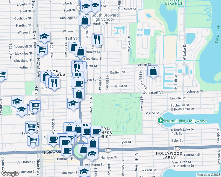 map of restaurants, bars, coffee shops, grocery stores, and more near 1547 Johnson Street in Hollywood