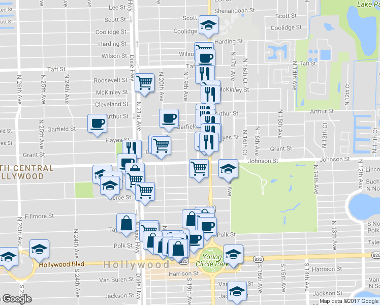 map of restaurants, bars, coffee shops, grocery stores, and more near 1855 Johnson Street in Hollywood