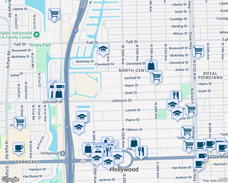 map of restaurants, bars, coffee shops, grocery stores, and more near 2610 Grant Street in Hollywood