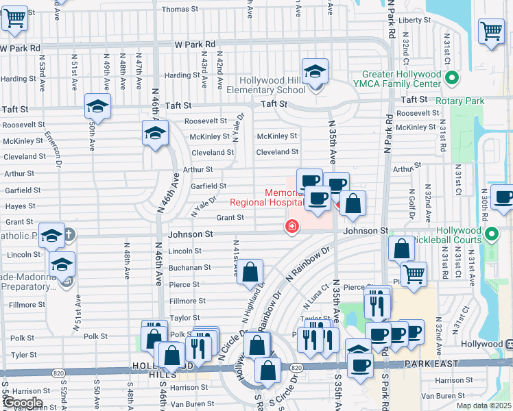 map of restaurants, bars, coffee shops, grocery stores, and more near 4000 Grant Street in Hollywood