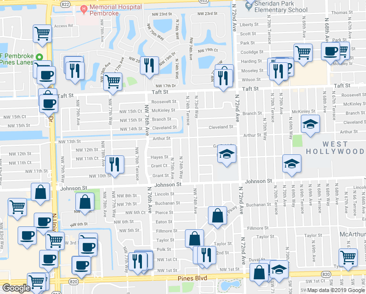 map of restaurants, bars, coffee shops, grocery stores, and more near 1121 North 74th Terrace in Hollywood