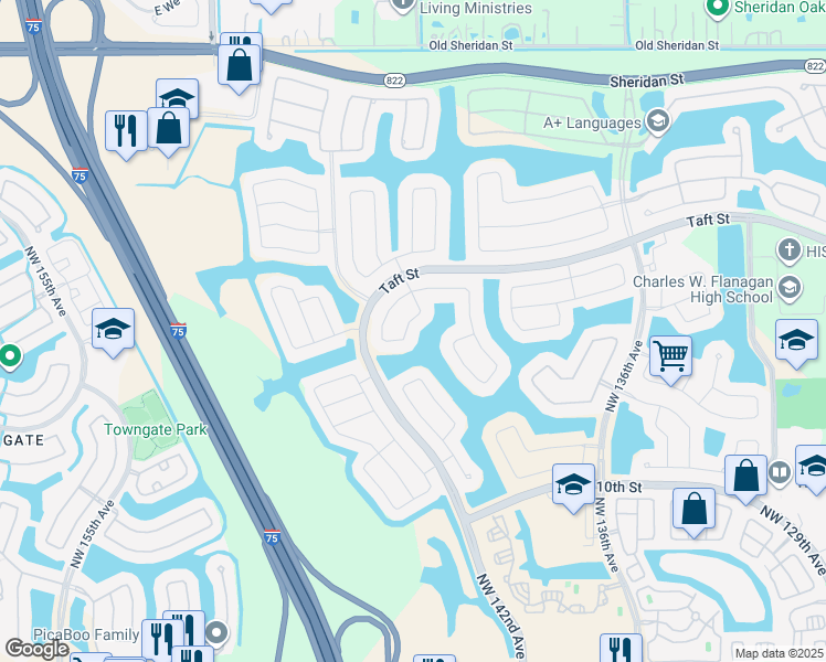 map of restaurants, bars, coffee shops, grocery stores, and more near 1500 Northwest 140th Manor in Pembroke Pines