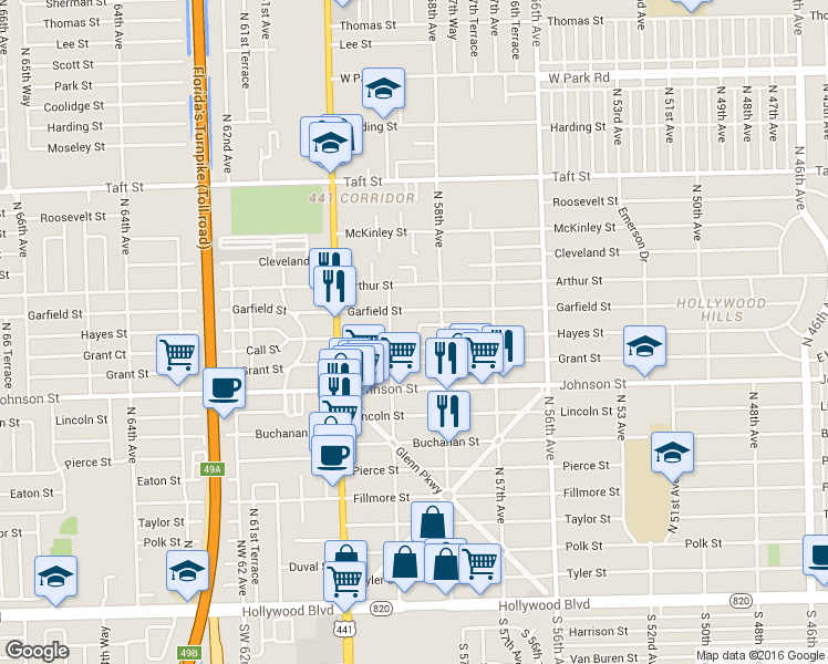 map of restaurants, bars, coffee shops, grocery stores, and more near 5829 Hayes Street in Hollywood