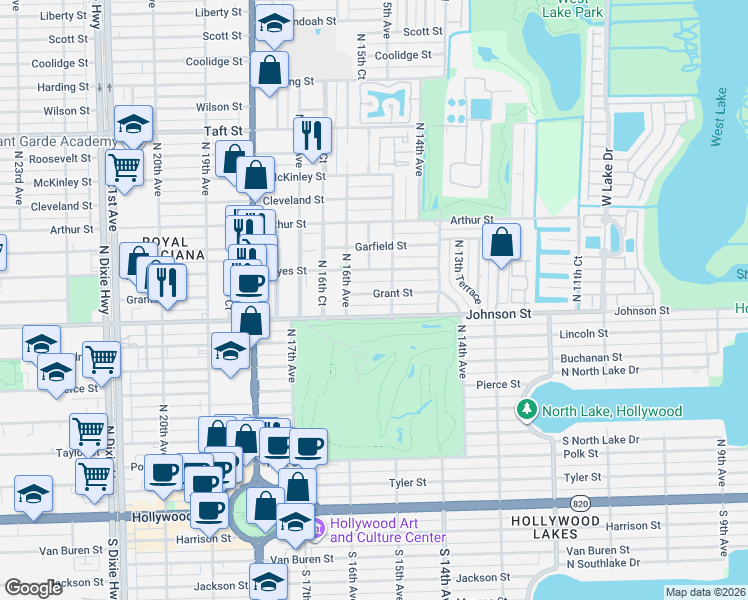map of restaurants, bars, coffee shops, grocery stores, and more near 1511 Johnson Street in Hollywood